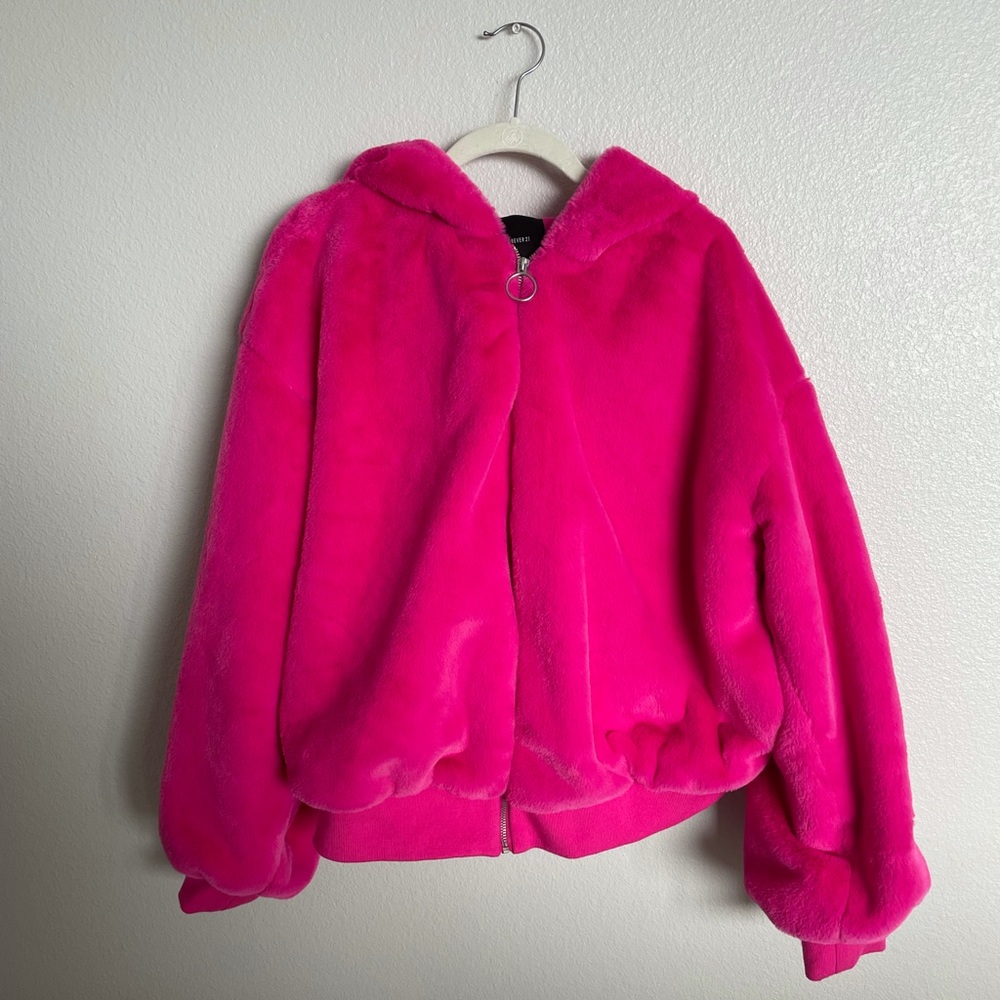 Plush hot pink puffer jacket with hood